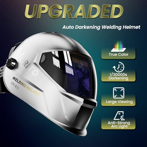 Large View True Color Auto Darkening Welding Helmet with LED Light - Solar Powered, 4 Arc Sensors, 1/1/1/1 Optical Clarity, Wide Shade 4/5-13 for TIG MIG ARC Grind