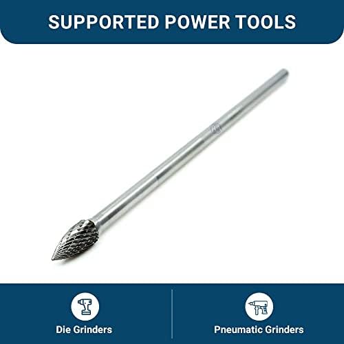 Benchmark Abrasives 6” Pointed Tree Shape Double Cut Tungsten Carbide Die Grinder Bits Metal Deburring Tool Rotary Burr, 1/4 Inch Shaft, Engraving Tool for Woodworking Shaping Carving (SG-3)