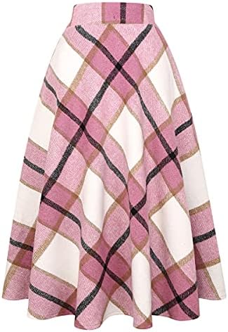 IDEALSANXUN Womens Plaid Wool Skirts Elastic Waist A-Line Pleated Tartan Long Skirts