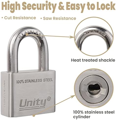 Unity Marine Padlock Keyed Alike 100% Stainless Steel Weatherproof for Sea, Boat, Port, Gate, Anti-Pick (10,40mm)