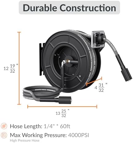 Giraffe Tools Pressure Washer Hose Reel 60ft, Power Washer Hose Reel, Pressure Washer Retractable Hose Reel, Heavy Duty, Wall/Floor Mounted, 4000 PSI, Dark Silver
