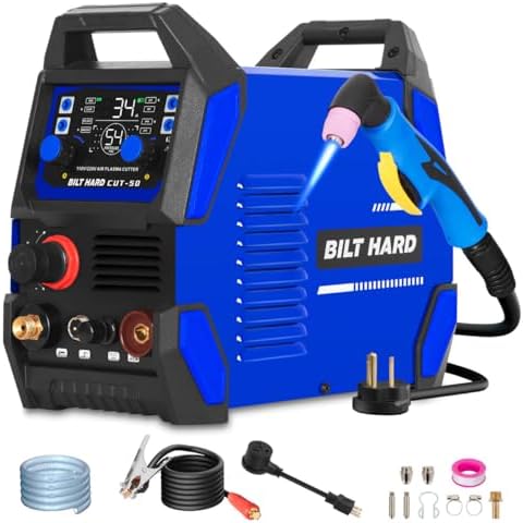 BILT HARD Plasma Cutter, 50A Plasma Cutting Equipment, Non Touch Pilot Arc, 110V/220V Dual Voltage, Digital Display Screen, DC Inverter IGBT Plasma Cutter Machine for Beginners