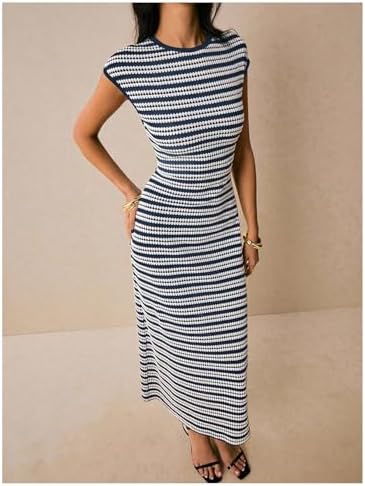 SOLY HUX Women's Striped Midi Dress Casual Work Knit Bodycon Summer Dresses
