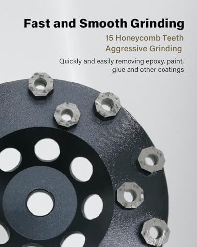 Diamond Grinding Cup Wheel for Hard Concrete Floor, Epoxy Coating Removal, 15 Aggressive Honeycomb Segments, 5 Inch 5/8”-11 Thread, 16/20 Grit