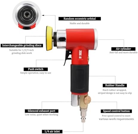 2 3-inch Mini Orbital Sander da sander Air Dual Action Sander Air Polisher Super Smooth and Swirl Freely High Speed for Auto Body Work with 20 PCS Sanding Discs (RED)