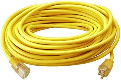 Southwire Outdoor Extension Cord – Durable Vinyl Jacket for For Farm, Ranch & Workshop - Lighted End With Reinforced Blades - SJTW, Yellow - 12 Gauge, 3 Prong - 100 Feet
