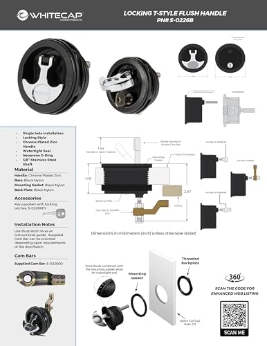 Whitecap S-0226BC T-Handle Latch with Keyed Lock - Black 3" Diameter