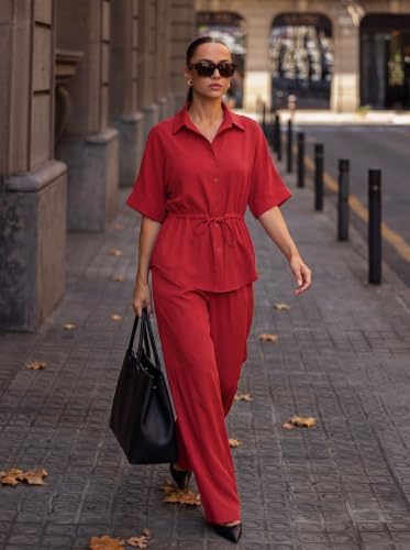 Two Piece Sets for Women Dressy Shirt Top Flared Pants Business Pantsuits