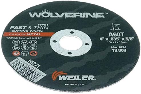 Weiler 56271 4 Inch Cutting Wheel, Wolverine AO Steel/Metal Fast Cutting, .035" A60T Type 1 5/8" Arbor, Pack of 25