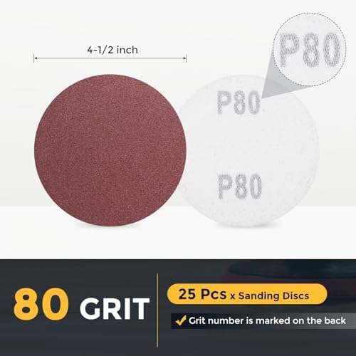 HARFINGTON 25 Pcs 4-1/2 Inch Sanding Discs, 80 Grit Hook and Loop Sandpaper, No-Hole Aluminum Oxide Round Sanding Paper for Woodworking Automotive Metal Polishing, Red