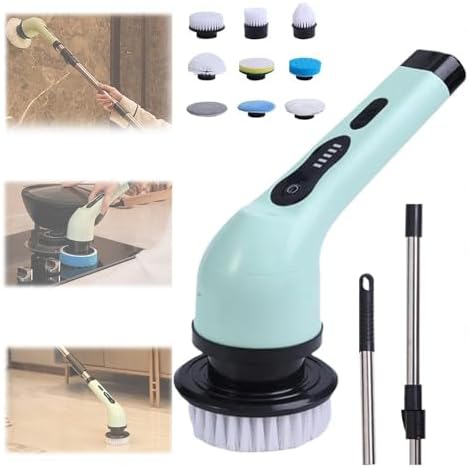 Electric Spin Scrubber, Multi-Purpose Cleaner,9 in 1 Electric Spin Scrubber,Cordless Cleaning Brush with 9 Replaceable Heads,Cordless Shower Scrubber,Adjustable and Detachable Handle(Green)