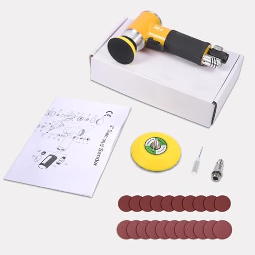 2/3 inch Mini Orbital Sander Pneumatic Palm da sander Air Polisher Super Smooth and Swirl Freely for Auto Body Work Wood working with 20 PCS Sanding Discs,Yellow