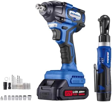 ACDelco ARI20132P-K3 20V Brushless 1/2" Impact Wrench (251 Ft-lbs, 3-in-1 Tool) & G12 Series 12V 3/8" Cordless Ratchet Combo Kit with 14-Piece Drill Bit Set