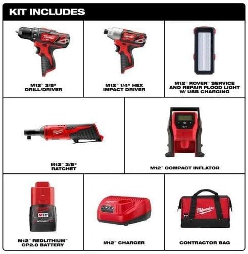 Milwaukee 2494-25 M12 5-Tool Combo Kit - Drill, Driver, Ratchet, Inflator, Light, (2) 2.0ah batteries, charger, and Tool Bag