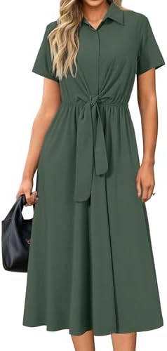 Newshows Women's Work Business Casual Outfits Tie Waist Midi Shirt Dress
