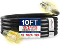 10ft Outdoor/Indoor Extension Cord 10/3 Gauge Ultra Heavy Duty 3 Prong SJTW, Waterproof, Flexible Cold-Resistant Long Power Cord,15A 125V 1875W, Black by LifeSupplyUSA