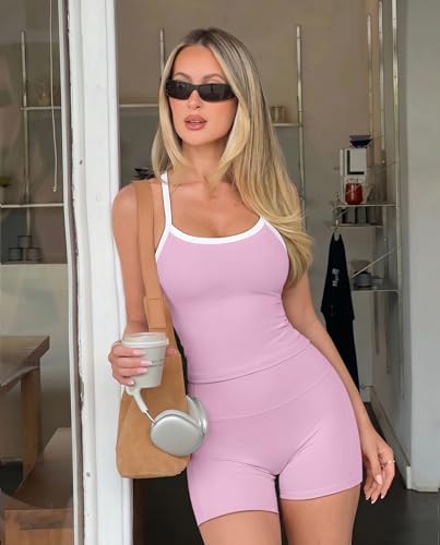 SUUKSESS Women 2 Piece Workout Sets High Waisted Biker Shorts with Pockets Built in bra Racerback Tank Tops