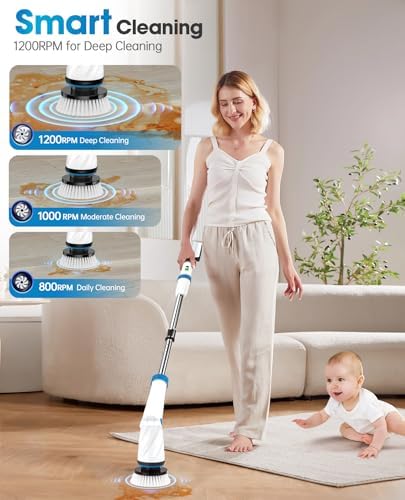 Electric Spin Scrubber, Electric Scrubber for Cleaning, 1200 RPM Shower Scrubber, 50inch Long Handle Electric Cleaning Brush 2000mAh Battery Cordless Power Spin Scrubber with 8 Brushes