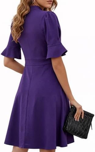 Mokayee Womens Summer V Neck Ruffle Short Sleeve Fit and Flare Knee Length Church Wedding Guest Dresses with Pockets