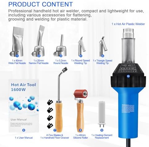Hot Air Plastic Welder 1600W Plastic Welding Roofing Kit 110V, Vinyl PVC TPO Welding Handheld Plastic Hot Air Heat Gun Welding Torch with Various Nozzles