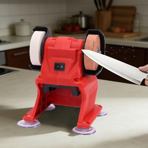 Asixxsix Mini Bench Grinder, 5500RPM 18V Battery Cordless Polisher Sander with Coarse Fine Corundum Wheels and Metal Protective Cover for Rust Removal Drill Bit Knife Sharpening