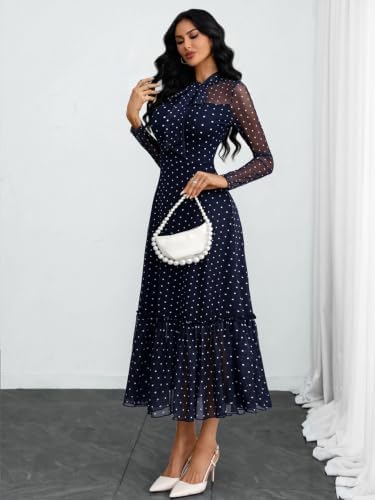 GothDark Polka dot Dress for Women Tie Neck Bow Ruffle Fall Vintage Dress