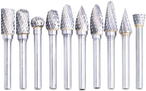 10PCS Tungsten Carbide Burr Set, 3/8" Head 1/4" Shank HRA90 Rotary Burr Bits, for Metal Grinding, Wood Carving, Deburring,Engraving, Drilling