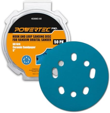 POWERTEC PRO 50PK, 5 Inch Sanding Discs Hook and Loop, 60 Grit, Ceramic Orbital Sander Sandpaper for 5 & 8 Hole Random Orbital Sanders - Automotive, Paint, Metal, Woodworking (45306C-50)