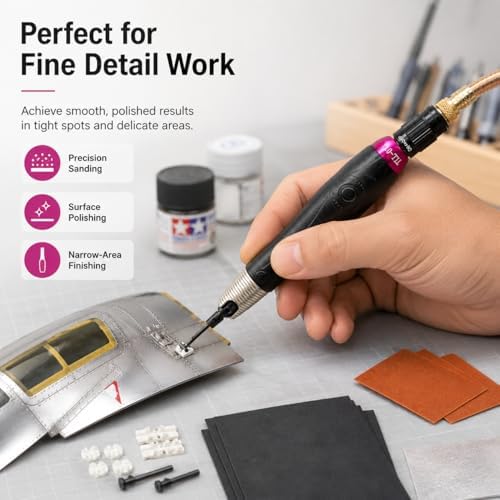 Professional Micro Air Reciprocating Sander Kit, 35000 RPM High Speed Pneumatic Linear Profiler with 0.7mm Micro Stroke Length, Pen-Style Detail Flat Surface Polishing File Tool