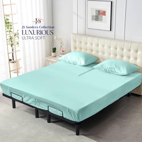 JS Sanders Collection 600TC Flex Top Queen Sheets for Sleep Number Bed - 100% Cotton 4 Pcs Top Split Queen Sheets for Adjustable Bed Queen 36 Inch Down Aqua Blue -18 Inch Deep