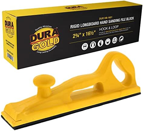 Dura-Gold Pro Series Rigid Longboard Hand Sanding File Block with Both Hook & Loop Backing and PSA Backing Conversion Adapter Pad with 80 Grit Gold PSA Longboard Sandpaper