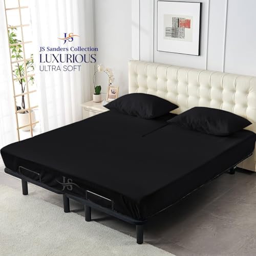 JS Sanders Collection 600TC Flex Top Queen Sheets for Sleep Number Bed - 100% Cotton 4 Pcs Top Split Queen Sheets for Adjustable Bed Queen 30 Inch Down Black -18 Inch Deep