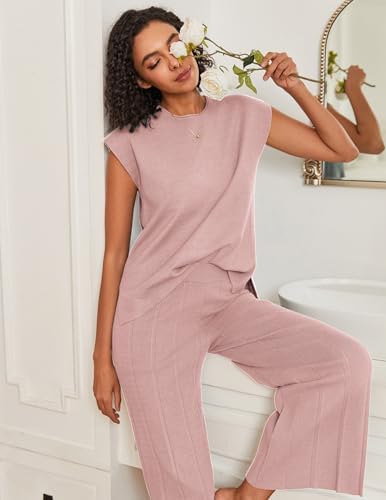 Ekouaer Lounge Sets for Women Two Piece Outfits Knit Cap Sleeve Tops Wide Leg Pleated Pants Casual Dressy Sweater Sets