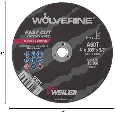 Weiler 56271 4 Inch Cutting Wheel, Wolverine AO Steel/Metal Fast Cutting, .035" A60T Type 1 5/8" Arbor, Pack of 25