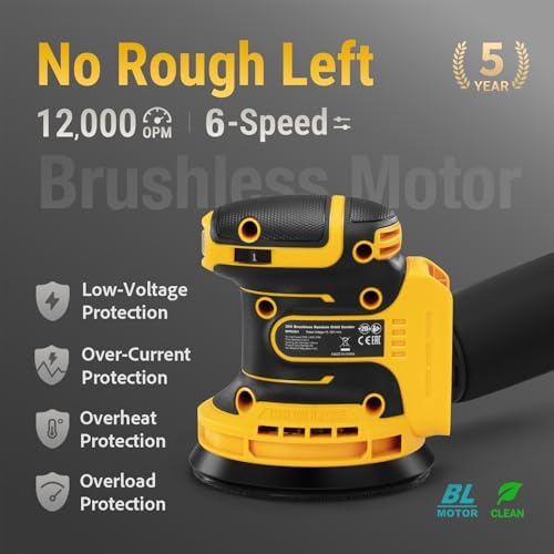 5’’ Brushless Cordless Random Orbital Sander Compatible with Dewalt 20V MAX Battery (TOOL ONLY), 12,000OPM Palm Sander, Dust Bag, Lightweight, 10 Sandpapers, 6 Variable Speeds for Wood, Metal & DIY