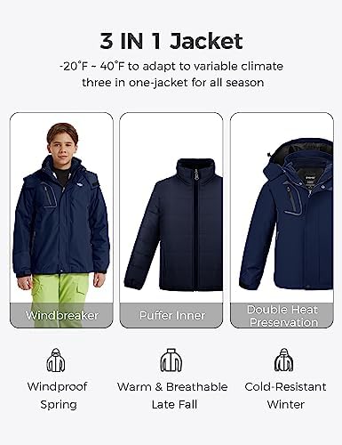 wantdo Boys' 3-in-1 Ski Jacket Fleece-Lined Winter Coat Hooded Raincoat