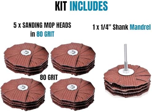 LINE10 Tools 4-inch Sanding Mop Kit, Moulding Flap Wheel Sander for Drill, 80 Grit Mop Sanders Brush, 1/4" Shank, Abrasive Flapper Sander for Woodworking, Contours, Finishing, Pack of 5