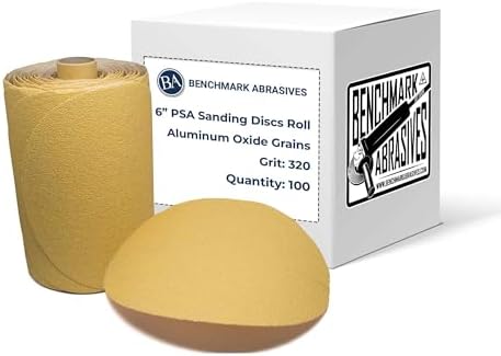 Benchmark Abrasives PSA Gold 6 Inch Self Adhesive Sanding Discs with Aluminum Oxide Grains Automotive DA Sandpaper - 6 Inch Sanding Discs Roll - Surface Blending Orbital Sanders (100 Discs), 320 Grit