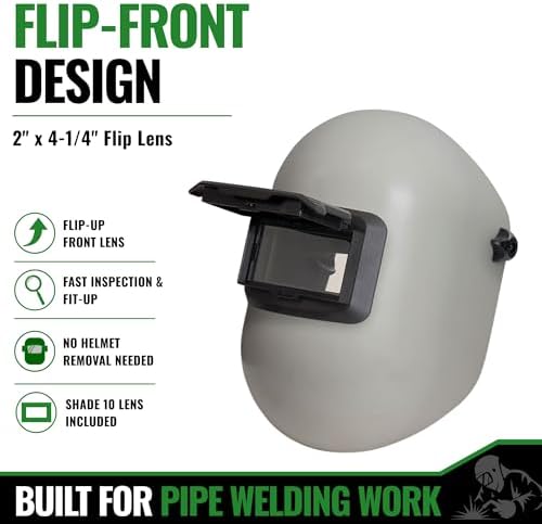 Pipeline Welding Helmet Hood w/Flip-Up Front Lens, 2" x 4-1/4" Shade 10, Fiberglass Welding Hood with Ratchet Headgear