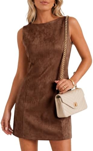 Wenrine Womens Suede Mini Dress Fall A Line Zipper Slim Party Dresses