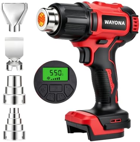 Wayona Cordless Heat Gun Compatible with Milwaukee M18 Battery (No Battery), 350W High Power Hot Air Gun with LCD Digital Display Variable Temperature Control 50℃~550℃ (122℉~1022℉) for Shrink Tubing