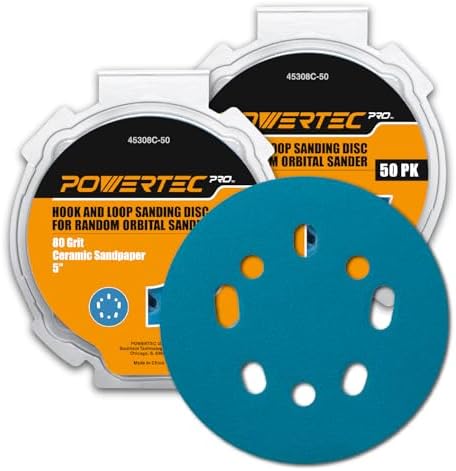 POWERTEC PRO 100PK, 5 Inch Sanding Discs Hook and Loop, 80 Grit, Ceramic Orbital Sander Sandpaper for 5 & 8 Hole Random Orbital Sanders - Automotive, Paint, Metal, Woodworking (45308C-50-P2)