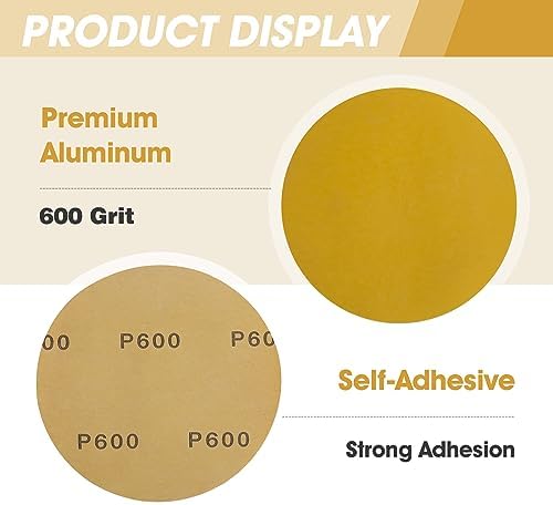 CowboyBOB 100 PCS 6 Inch Gold PSA Sanding Discs 600 Grit Self Adhesive Sticky-Back Sandpaper Roll for DA Sander Automotive Car Paint Woodworking Wood Metal Finishing