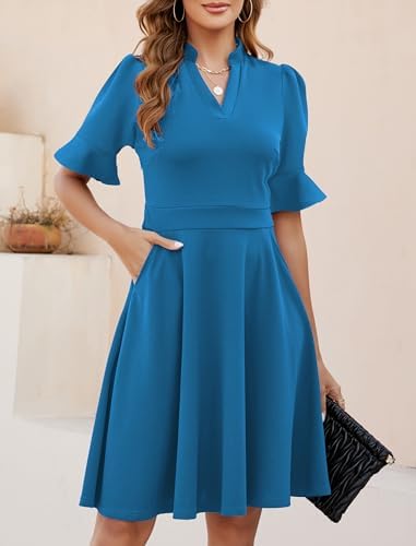 Mokayee Womens Summer V Neck Ruffle Short Sleeve Fit and Flare Knee Length Church Wedding Guest Dresses with Pockets