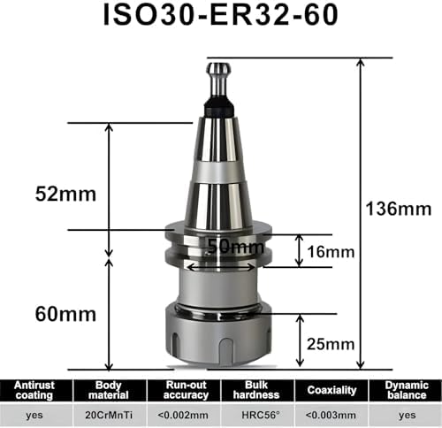 ISO30 ER32-60 Tool Holder Lathe Chuck Dynamic Balance Chuck G2.5 30000RPM CNC Machining Tools Lathe Collet Chuck With Pull Stud (5PCS)