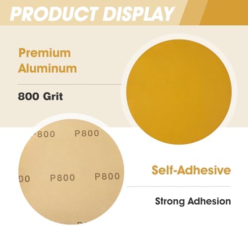 CowboyBOB 100 PCS 6 Inch Gold PSA Sanding Discs 800 Grit Self Adhesive Sticky-Back Sandpaper for DA Sander Finishing Abrasive Sand Paper Woodworking Wood Metal Sanding Disc Roll
