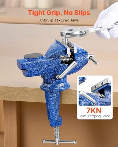 VEVOR Bench Vise, 3 Inch, Portable Workbench Vice with 360° Swivel Base, Quick Release Rotating Bench Clamp, Raised Base, Cast Iron Construction, for Woodworking, Metalworking, Drilling, and Cutting