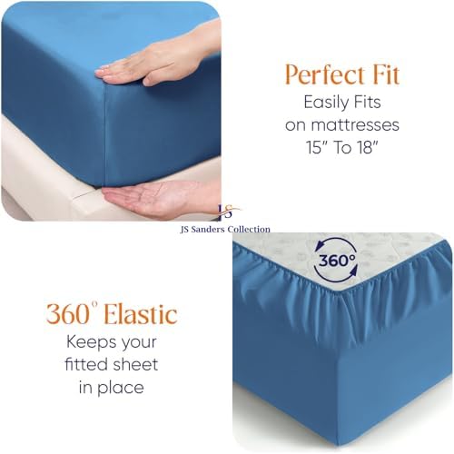 JS Sanders Collection 600TC Flex Head Queen Sheets for Sleep Number Bed - 100% Cotton 4 Pcs Split Head Queen Sheets for Adjustable Bed, Queen 34 Inch Down Mediterranean Blue -18 Inch Deep