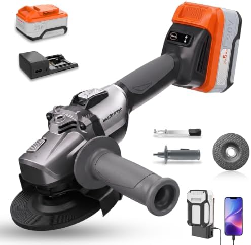 Angle Grinder Cordless 20V with 5.0Ah Battery & Charger Brushless Motor