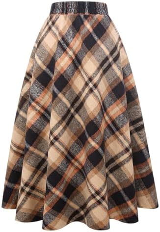 IDEALSANXUN Womens Plaid Wool Skirts Elastic Waist A-Line Pleated Tartan Long Skirts
